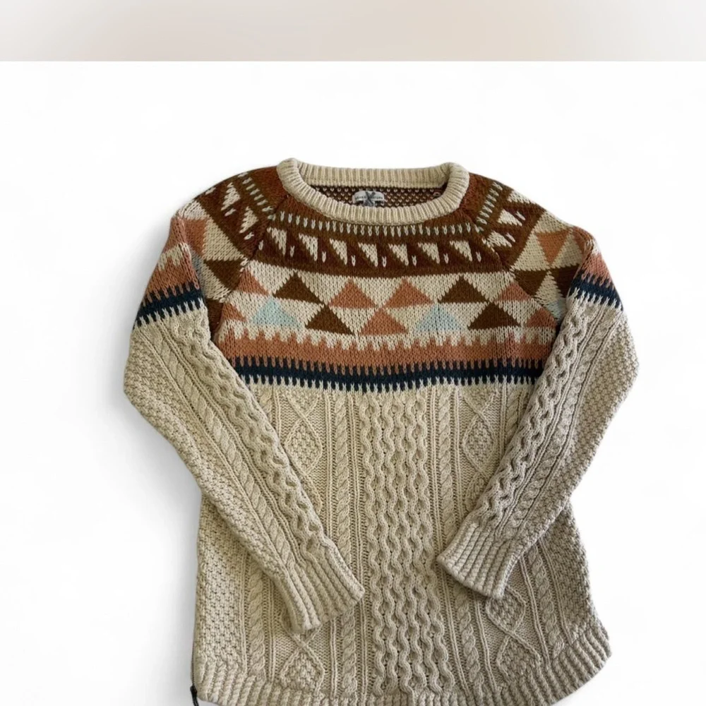 L.L.Bean Signature Cotton Fisherman Tunic Sweater Fair Isle Cable-knit Woman SM - Picture 2 of 9